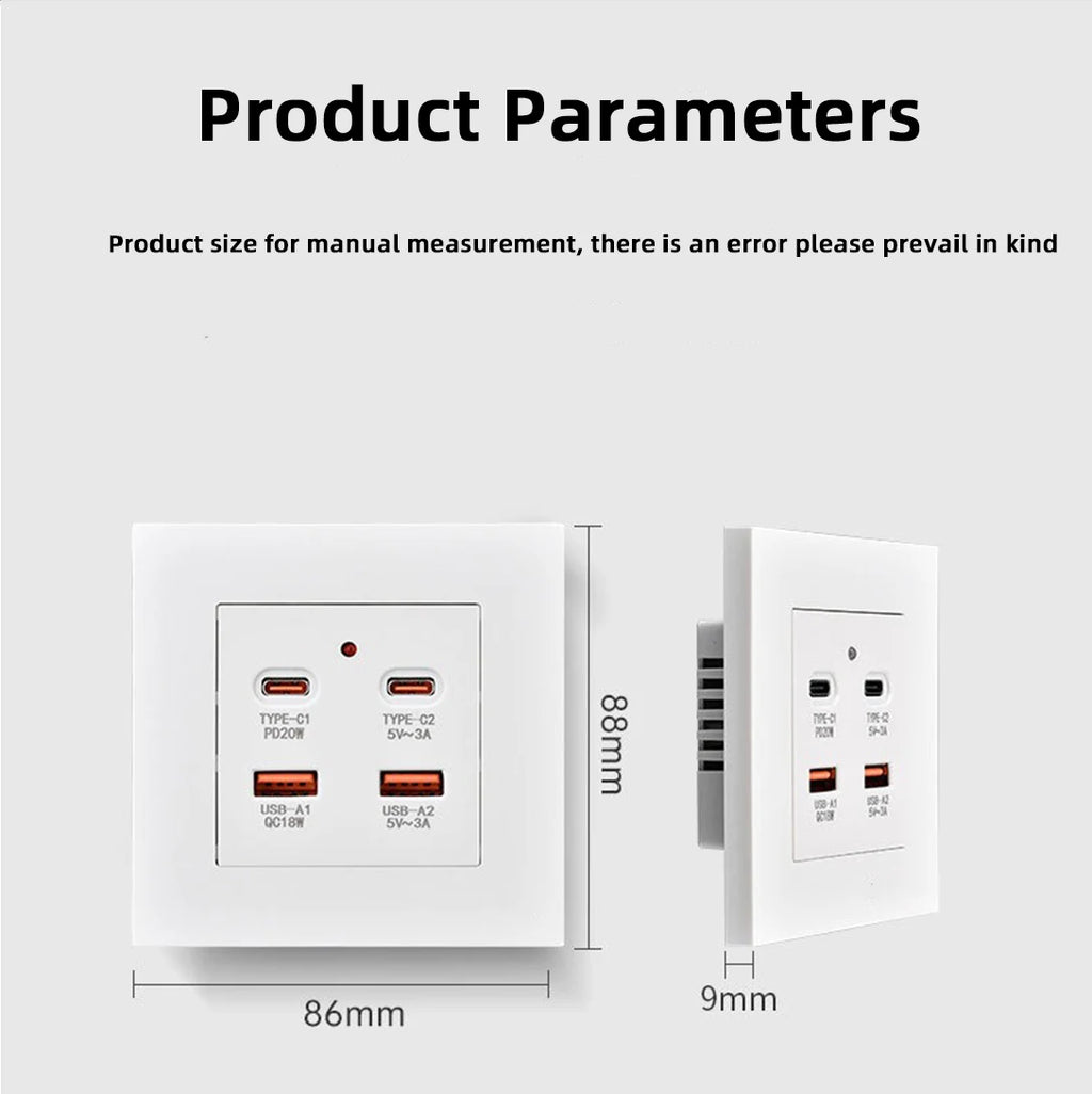 White universal wall USB C socket, 20W type-c 4 port 18W USB plug adapter socket, wall mount EU 220 volt power socket