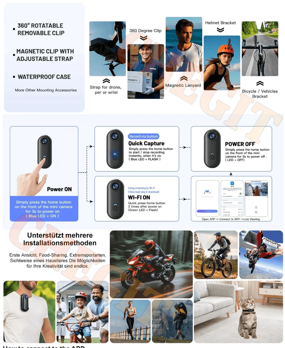 4K WiFi 1080P POV Magnetic Mini Action Camera Pocket Video Vlog Cam Helmet Motorcycle Bicycle Sports Holder Mount Recorder