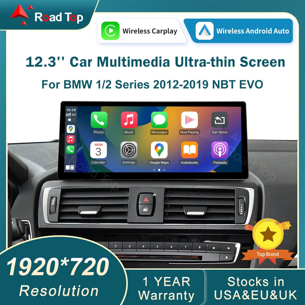12.3 RoadTop Wireless CarPlay Android Auto Multimedia Linux Screen For BMW Series 1 2 F20 F21 F22 F23 F45 F46 NBT EVO 2012-2018