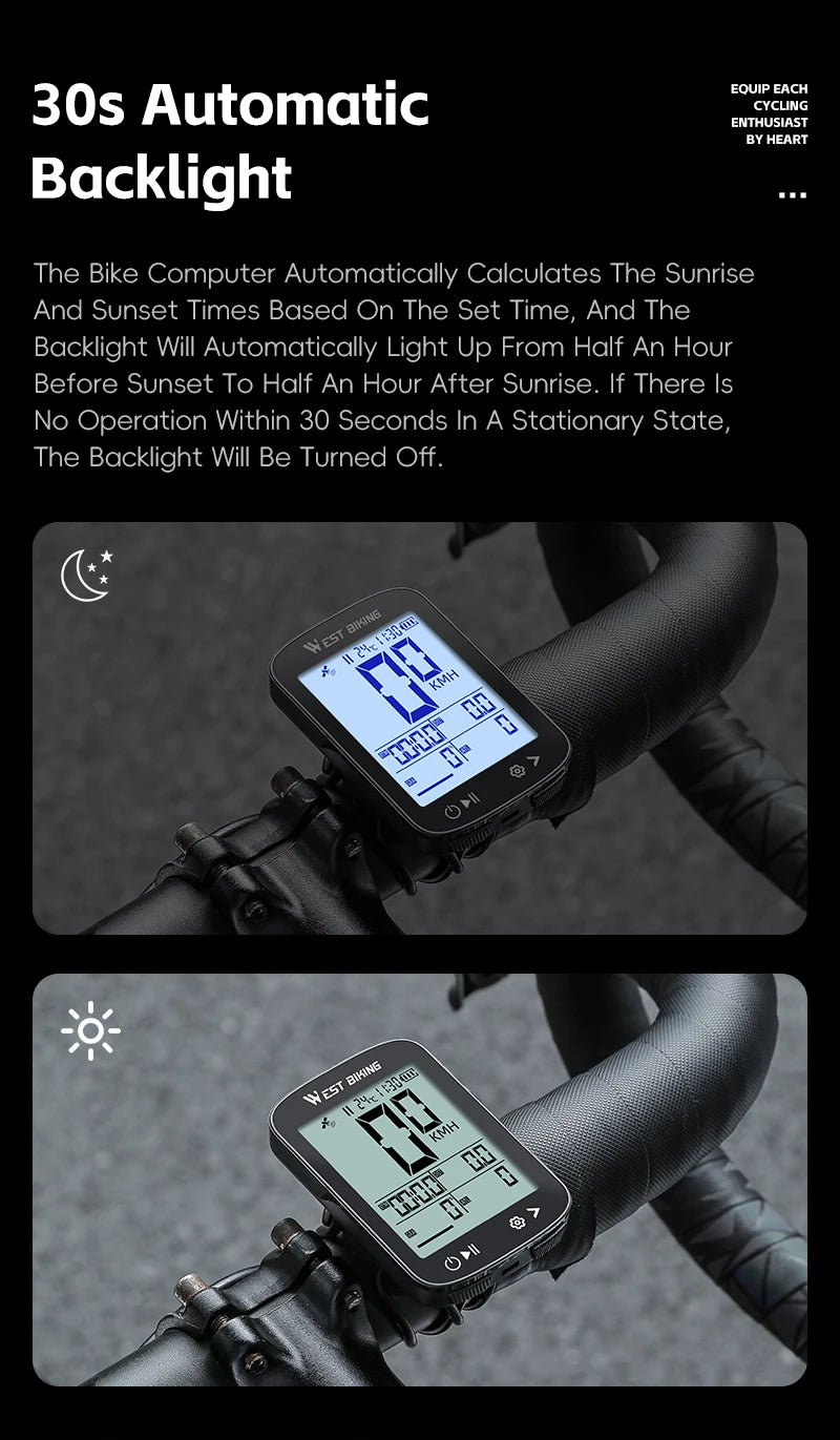 WEST BIKING Intelligent GPS Bicycle Computer Large Screen Wireless Cycling Speedometer IPX7 Waterproof Lightweight Bike Odometer