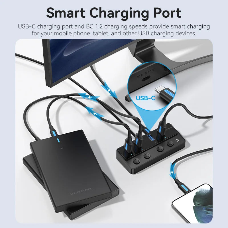 Vention USB A 3.0 HUB High Speed Multi 5Gbps OFF/ON Individual Switch LED Indicator Adapter for PC Laptop USB Ports Extender