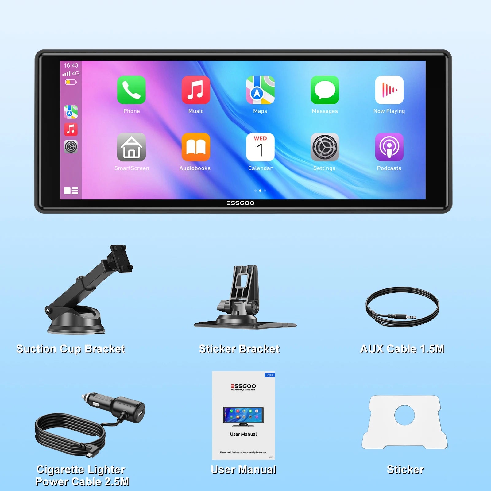 ESSGOO 10.26" portable universal car stereo Radio HD Tour screen GPS Navi WIFI Apple carplay Android auto BT MIrror link AUX FM