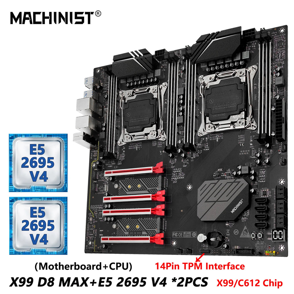 MACHINIST X99 D8 MAX Dual CPU Motherboard Combo Optional Xeon E5 2695 V4 LGA 2011-3 CPU *2 and DDR4 32GB(4*8gb) RAM  TPM2.0