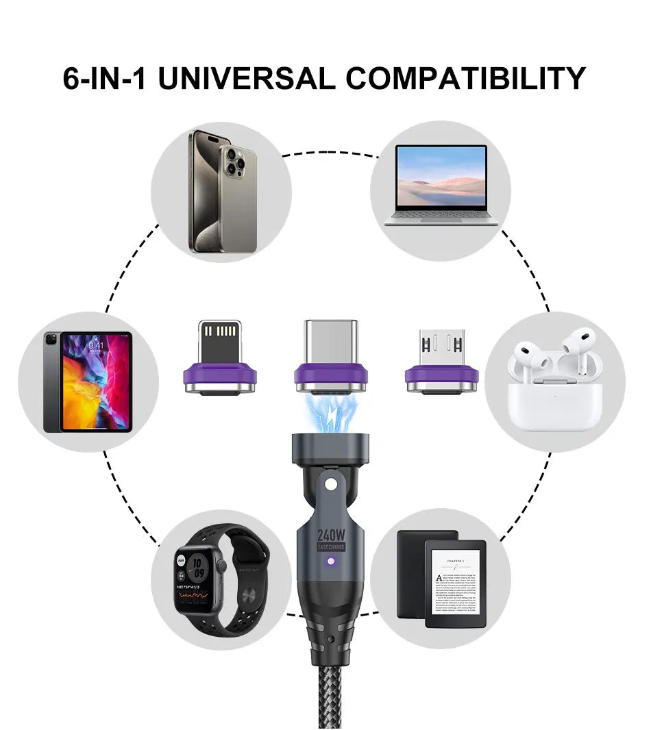 240W 6 in 1 PD3.1 Magnetic Cable Micro USB C to Type C Cable 6A Fast Charging for Macbook iPad iPhone 17 16 Samsung Xiaomi