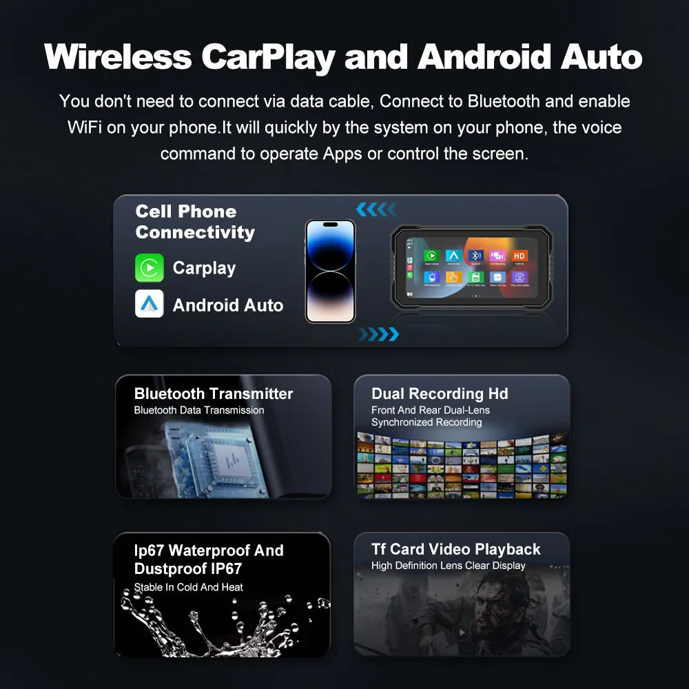Freedconn Wireless CarPlay Android Auto 6.25 inch Carplay Motorcycle DVR Navigation GPS Digital Dashboard Display Screen