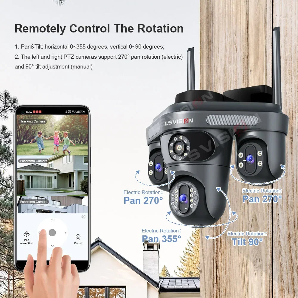 LS VISION 15MP Three Screens WiFi IP Camera Wireless Outdoor Three Lens PTZ Waterproof Human Auto Tracking Surveillance Cameras