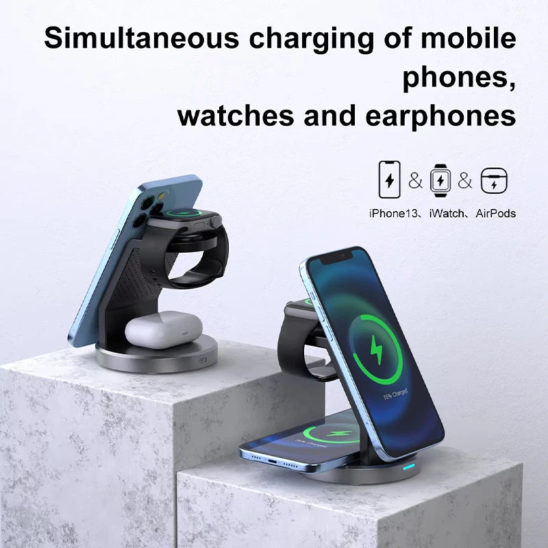 3 In 1 Magnetic Wireless Charger Stand For iPhone 17 16 15 14 13 12 Pro Max iWatch AirPods Station MagSafe Fast Charging Station
