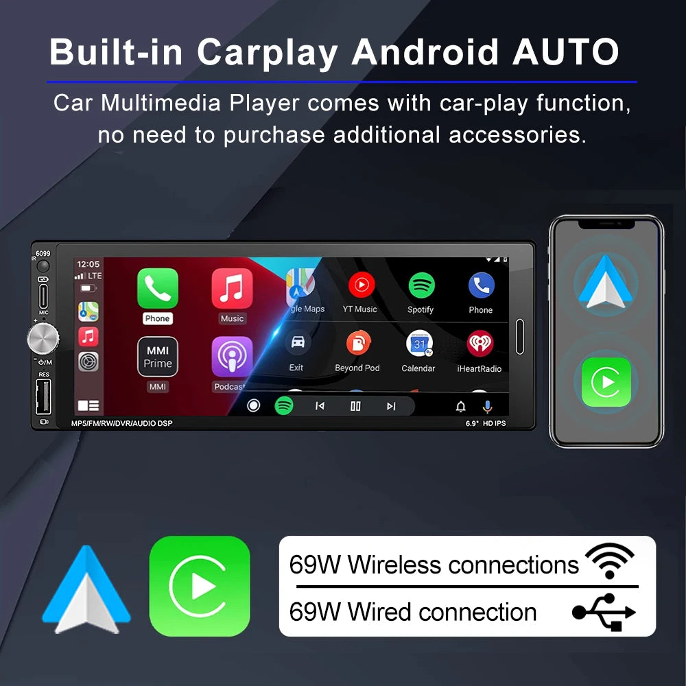 XIMA 6.9inch Car Radio Wireless CarPlay Android Auto MP5 Bluetooth FM USB IPS Touch Screen Multimedia Player Universal 1Din