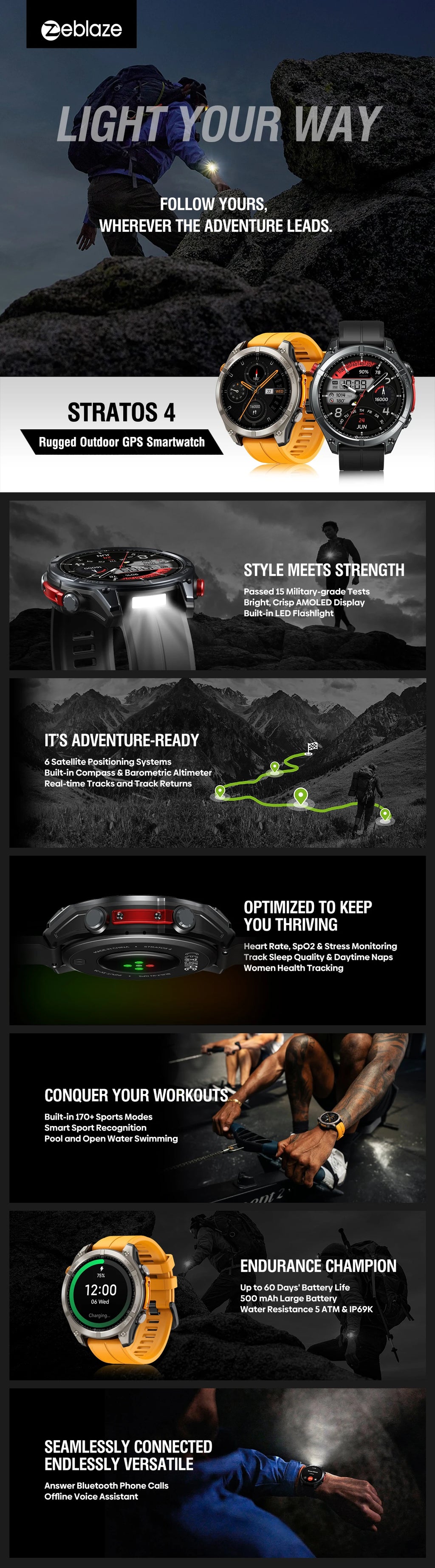 New Zeblaze Stratos 4 GPS Smart Watch 1.43'' AMOLED Display Built-in Flashlight Compass Barometric Altimeter 5 ATM Smartwatch