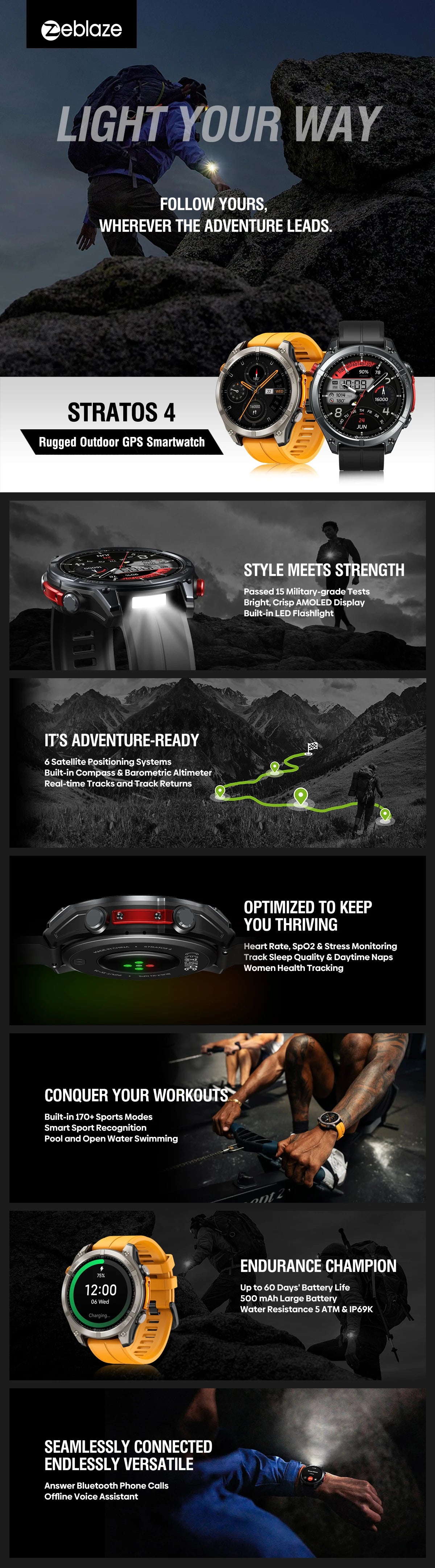 New Zeblaze Stratos 4 GPS Smart Watch 1.43'' AMOLED Display Built-in Flashlight Compass Barometric Altimeter 5 ATM Smartwatch