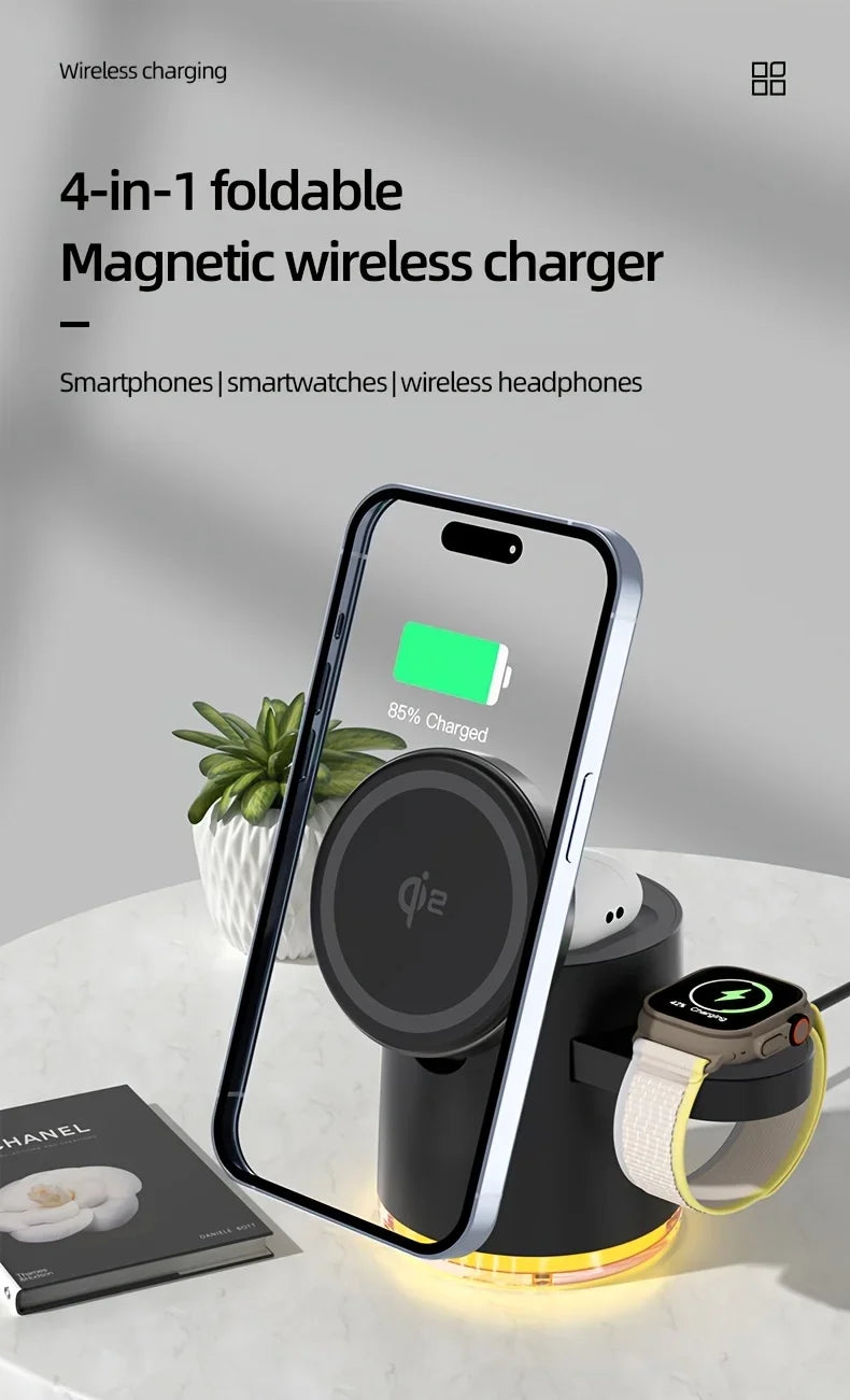4 in 1 Foldable Fast Charging Station Qi2 15W Magnetic Wireless Charger for Magsafe iPhone16/15/14/13/12 Apple Watch AirPods Pro