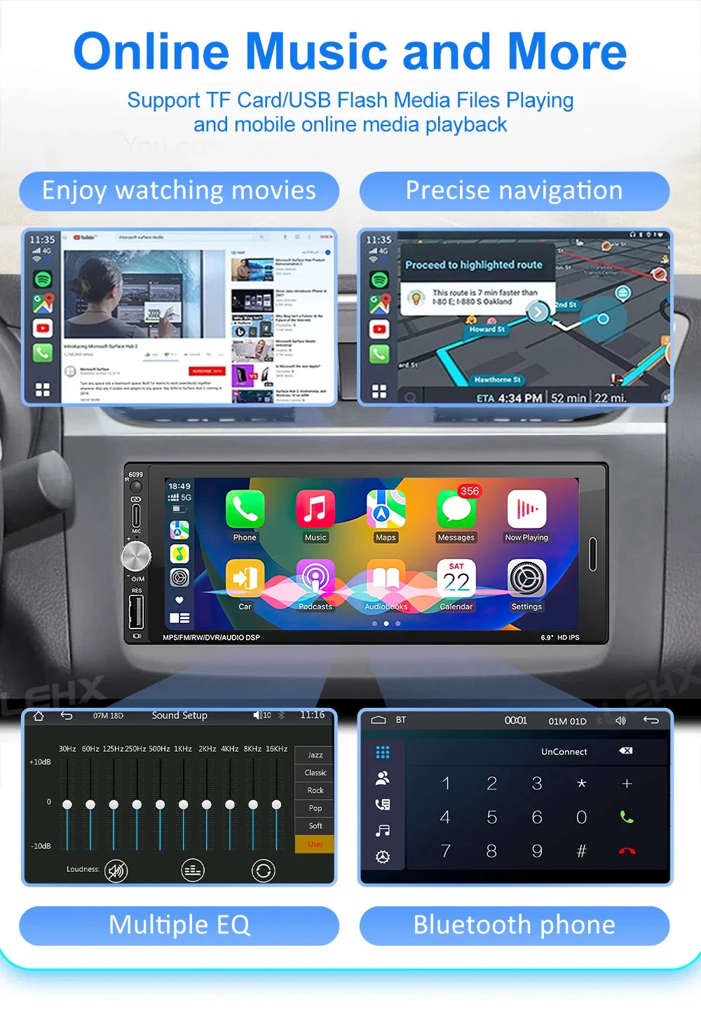 XIMA 6.9inch Car Radio Wireless CarPlay Android Auto MP5 Bluetooth FM USB IPS Touch Screen Multimedia Player Universal 1Din