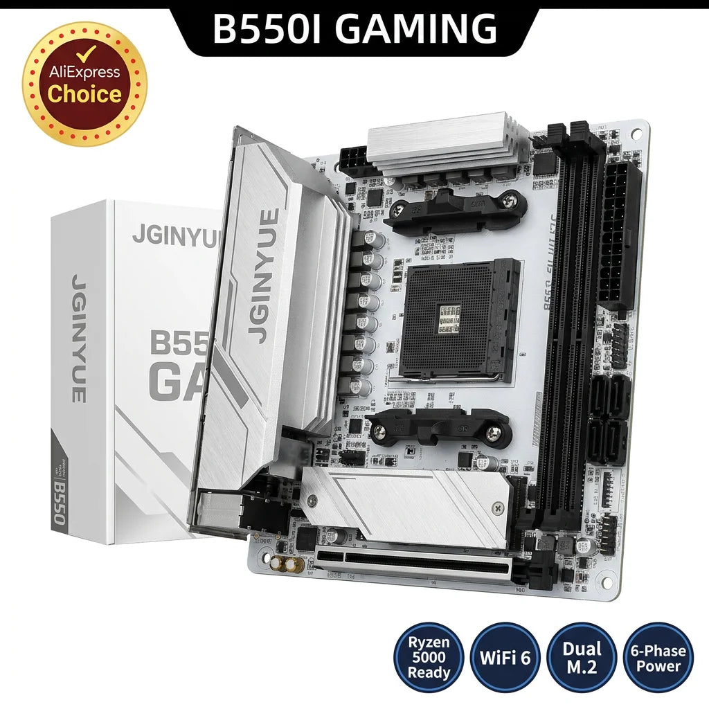 JGINYUE B550I GAMING ITX Motherboard White PCB AM4 for AMD Ryzen 5000/4000 DDR4 WiFi 6 Dual M.2 PCIe 4.0 Gaming Mainboard
