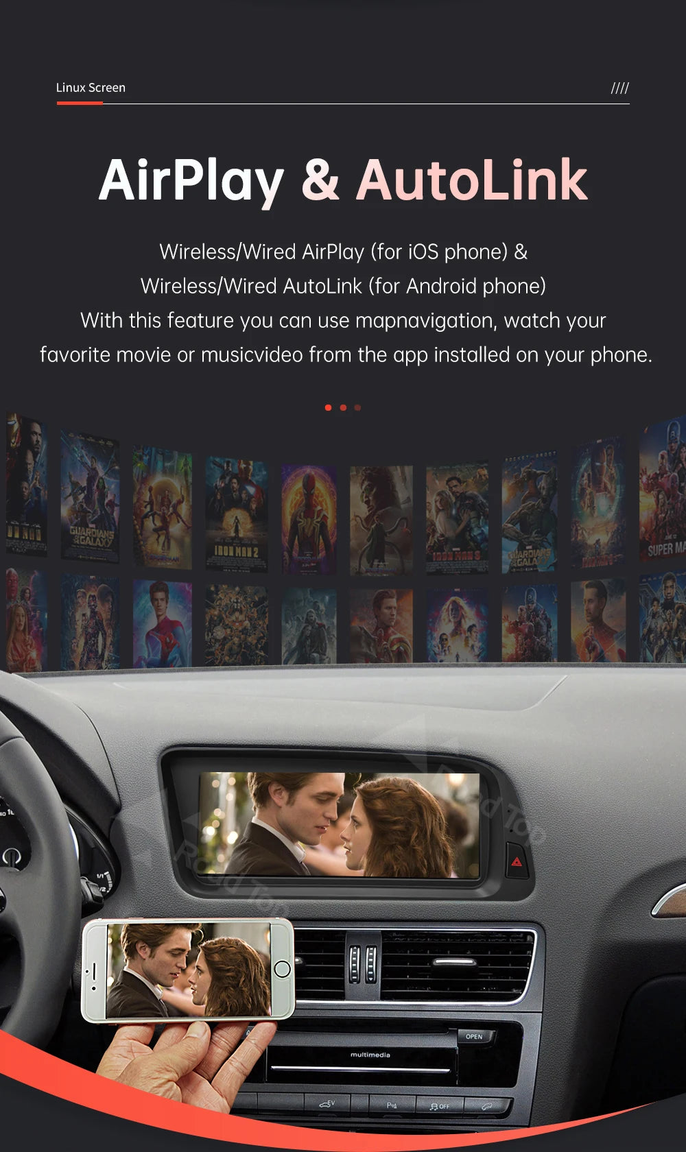 1920*720 RoadTop Linux Touch Screen Multimedia Display For Audi Q5 2009-2017 With Wireless CarPlay Android Auto Airplay Autolink