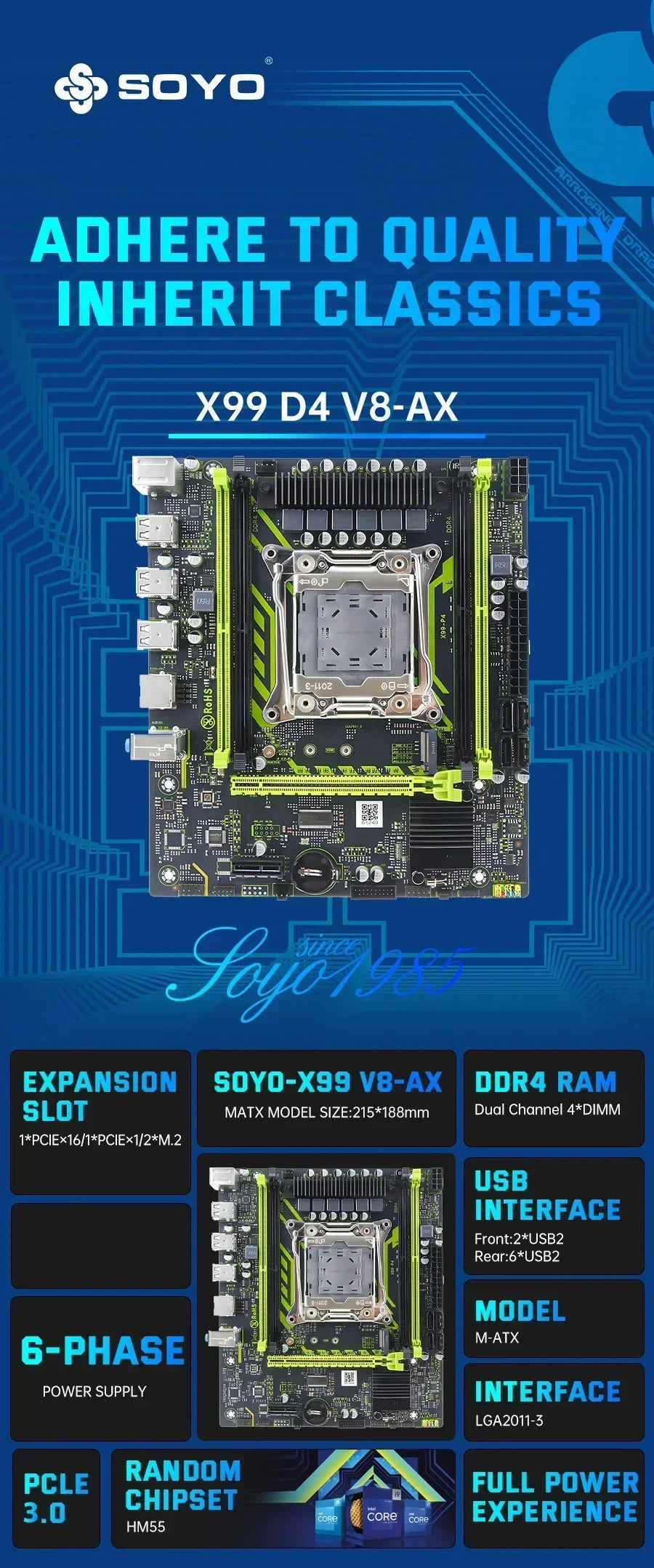 SOYO X99 Gaming Motherboard USB3.0 M.2 Nvme Sata 3 Dual Channel DDR4 Memory PCIEx16 LGA2011 for Desktop Computer Combo