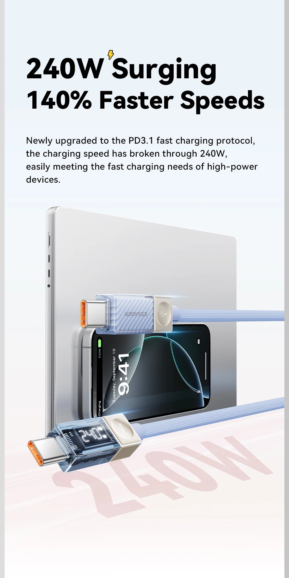 Essager 240W USB Type C Cable 100W PD 3.1 Fast Charging LED Display Charger Wire For MacBook iPhone Samsung Xiaomi iPad Laptop