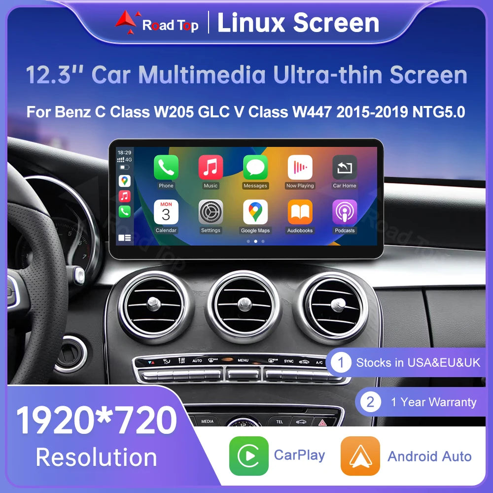 New 12.3" Linux Touch Screen for Mercedes Benz W205 GLC C V Class V447 GLA CLA NTG5.0 2015-2019 Wireless Carplay Android Auto