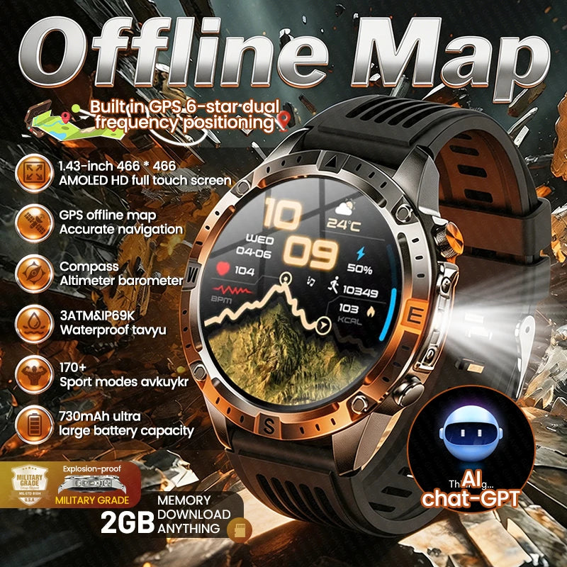 New Outdoor Offline GPS Map Smart Watch 2GB Memory AI Chat GPT Bluetooth Call 3ATM Waterproof AMOLED HD Men Sports Smartwatches