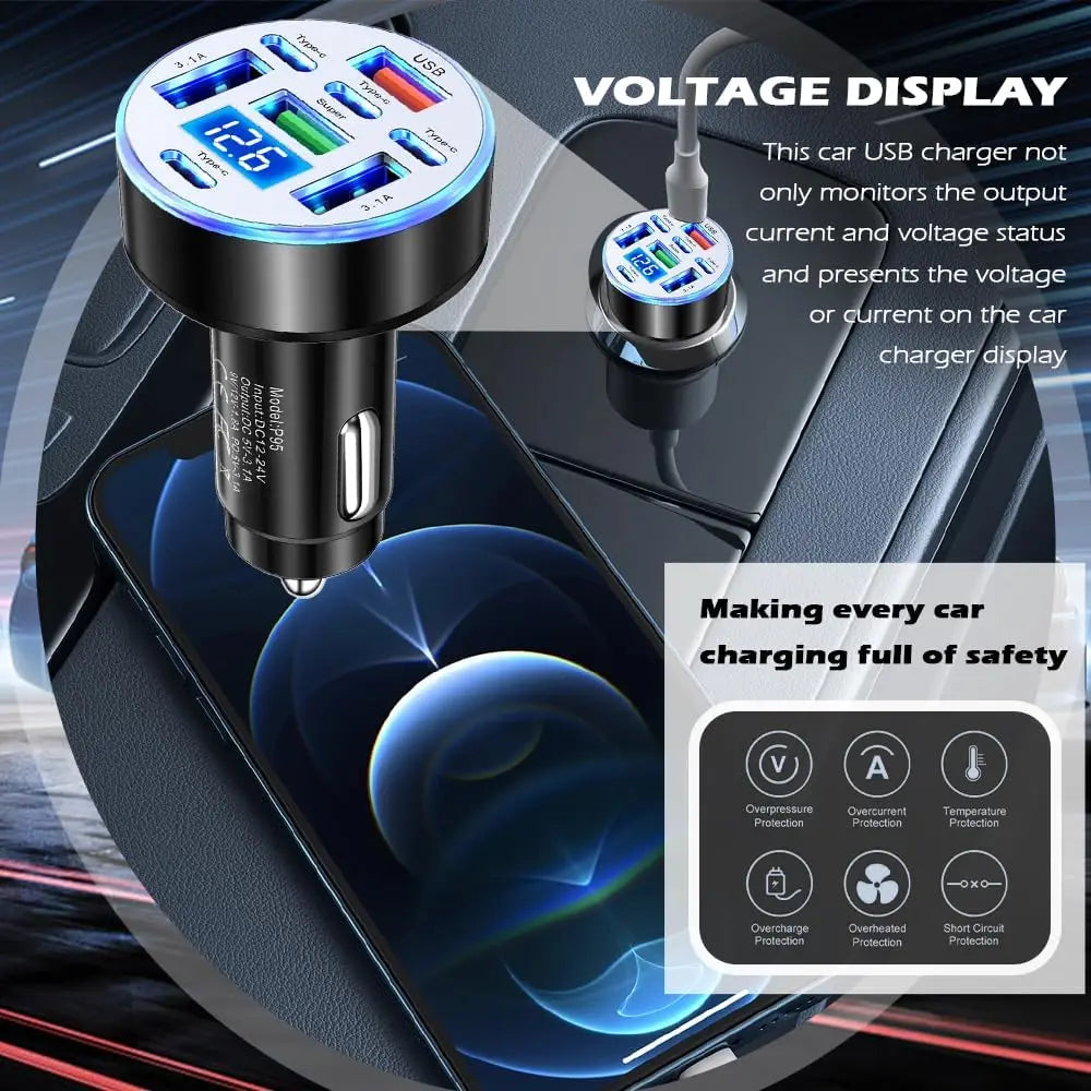 UYUXIO Multi Port USB C Car Charger Adapter 8 in 1 with Voltage Display Iight QC 4.0 PPS Super Fast Charge with Volt Meter