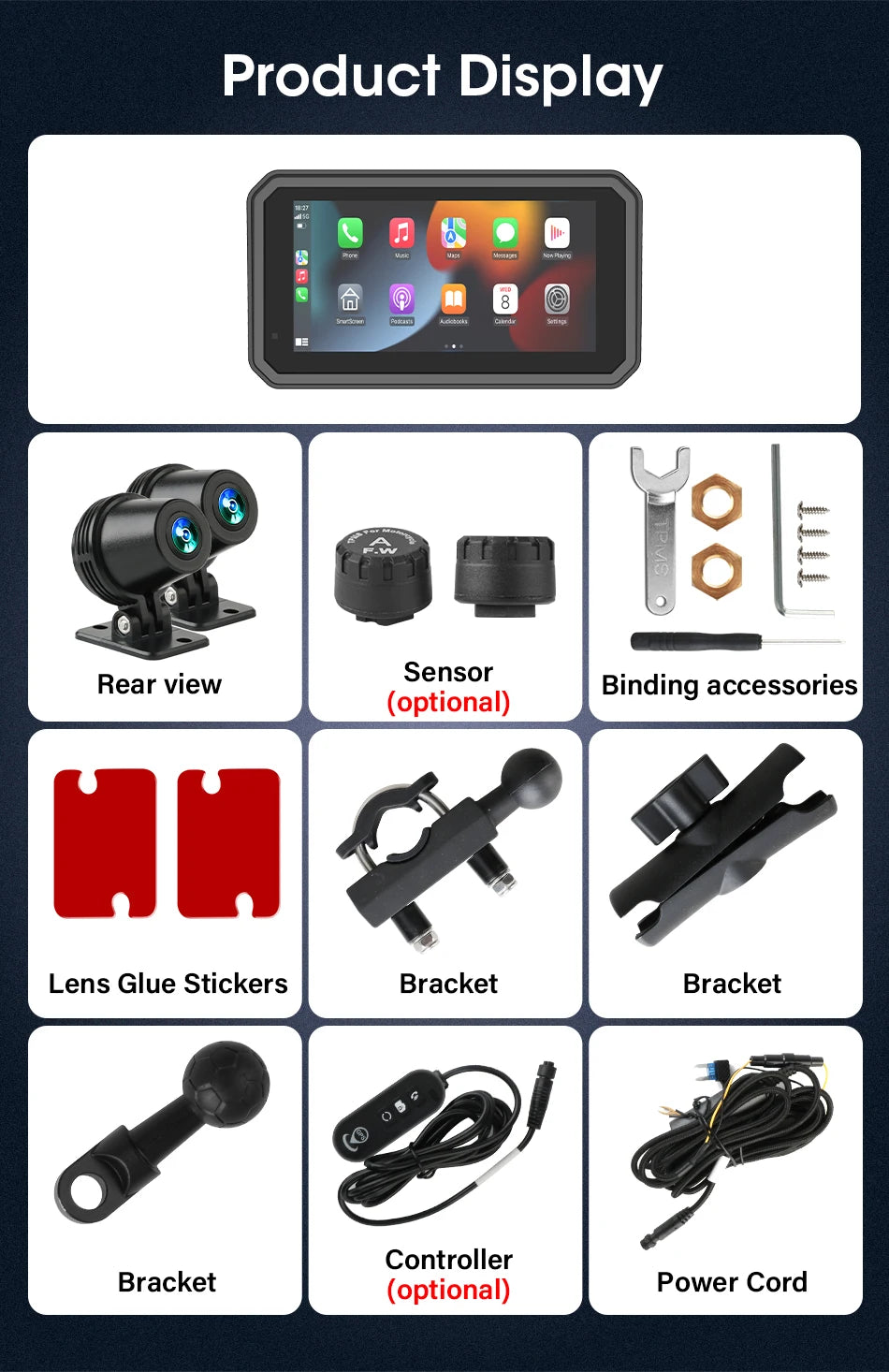 Jansite 5/6.25'' GPS for Motorcycles Carplay DVR Navigation Display Screen Android Auto Moto Accrssories IP67 Waterproof Monitor