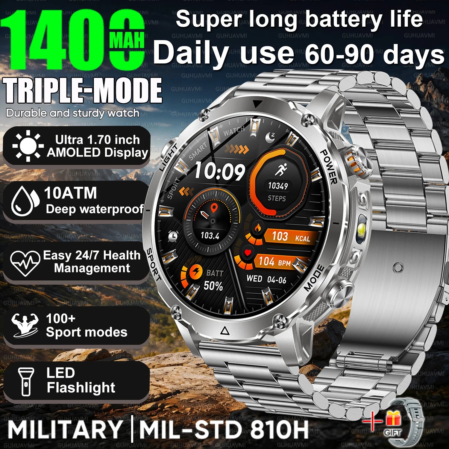 2026 New Military TANK SmartWatch Bluetooth call 10ATM Waterproof 1400mAh Battery Heart rate monitoring Outdoor Sports Watch Men