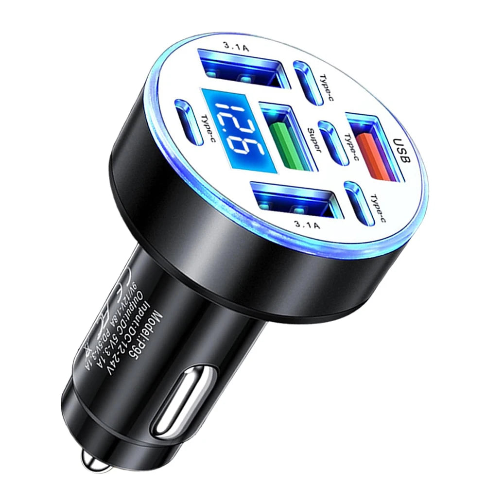 UYUXIO Multi Port USB C Car Charger Adapter 8 in 1 with Voltage Display Iight QC 4.0 PPS Super Fast Charge with Volt Meter