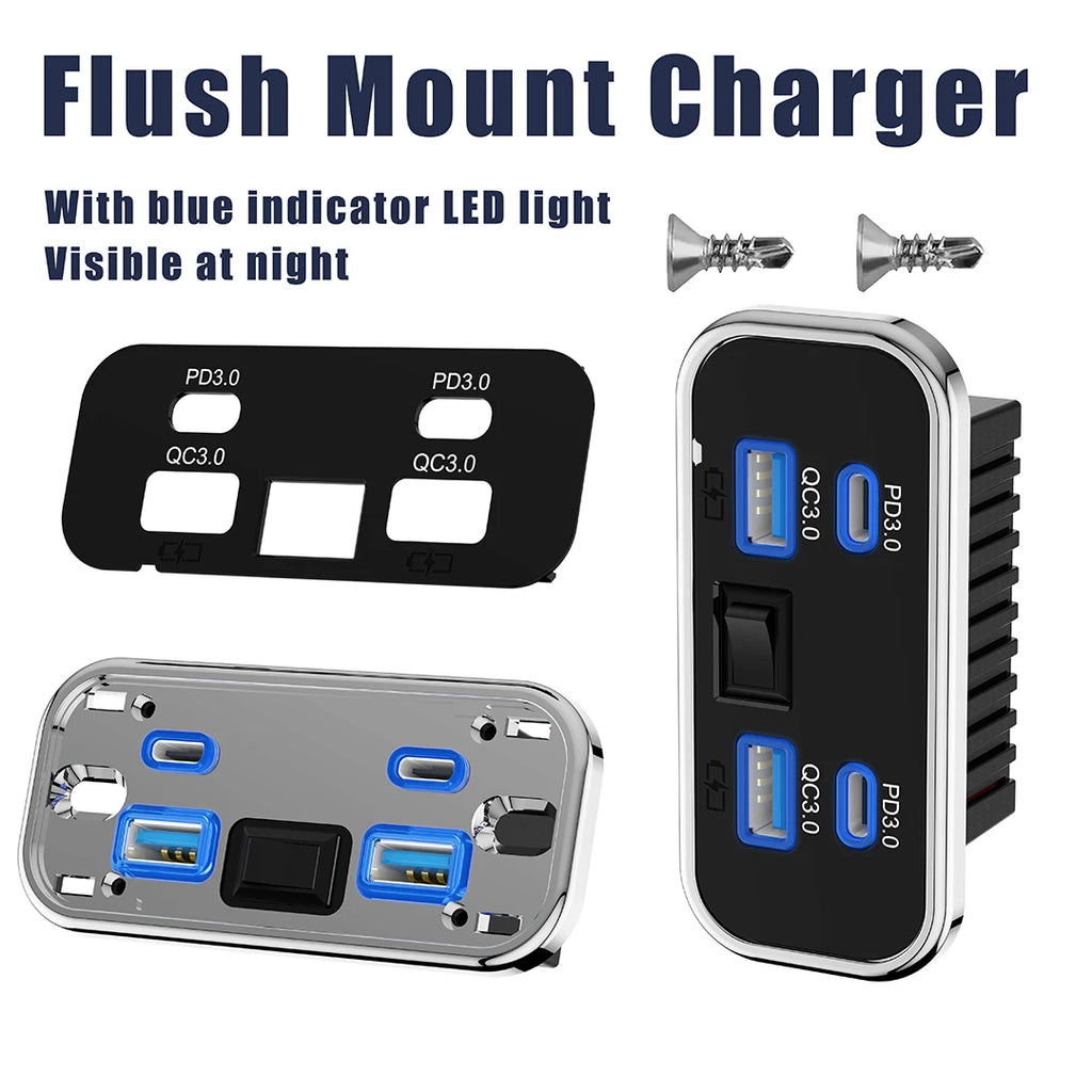 12/24V QC3.0 PD Car Charger Socket Quick Charge Dual USB Dual QC 3.0 Fast Charging Outlet Panel Adapter for Truck Camper Caravan