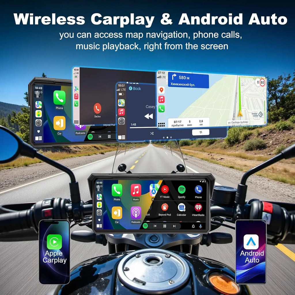 Jansite 8.1 Inch 4K Motorcycle CarPlay Screen 4K Dash Cam Wireless Android Auto Bluetooth GPS Navigation IPX7 Waterproof Display