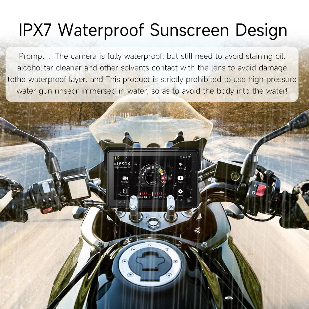 2024 Motorcycle GPS Navigation 2K HD Recorder Wireless CarPlay Android Auto Multimedia Player IP67 Waterproof Screen Bluetooth