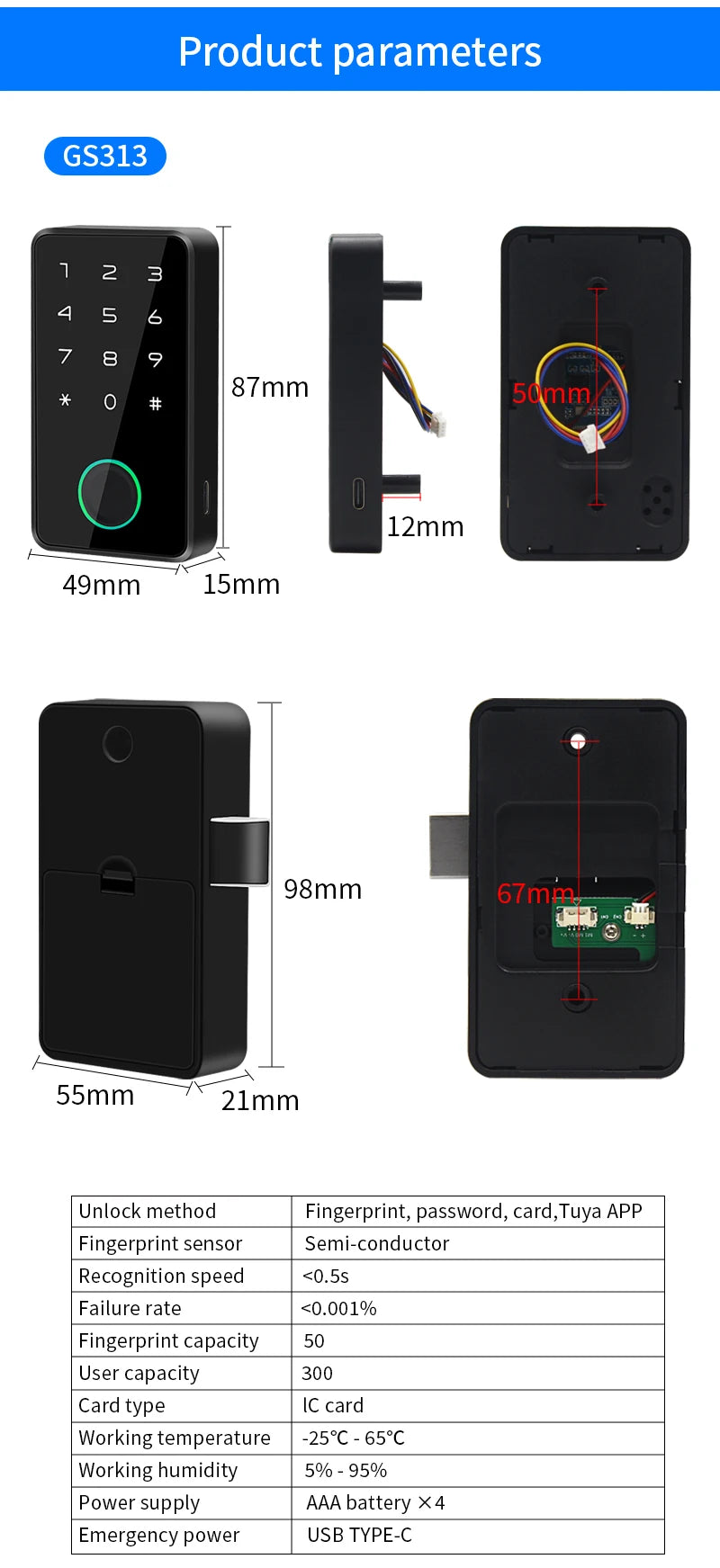 Smart Fingerprint Drawer Lock Tuya APP Electric Keyless Invisible Sensor Lock 13.56Mhz IC Card Unlock No Hole Cabinet Furniture