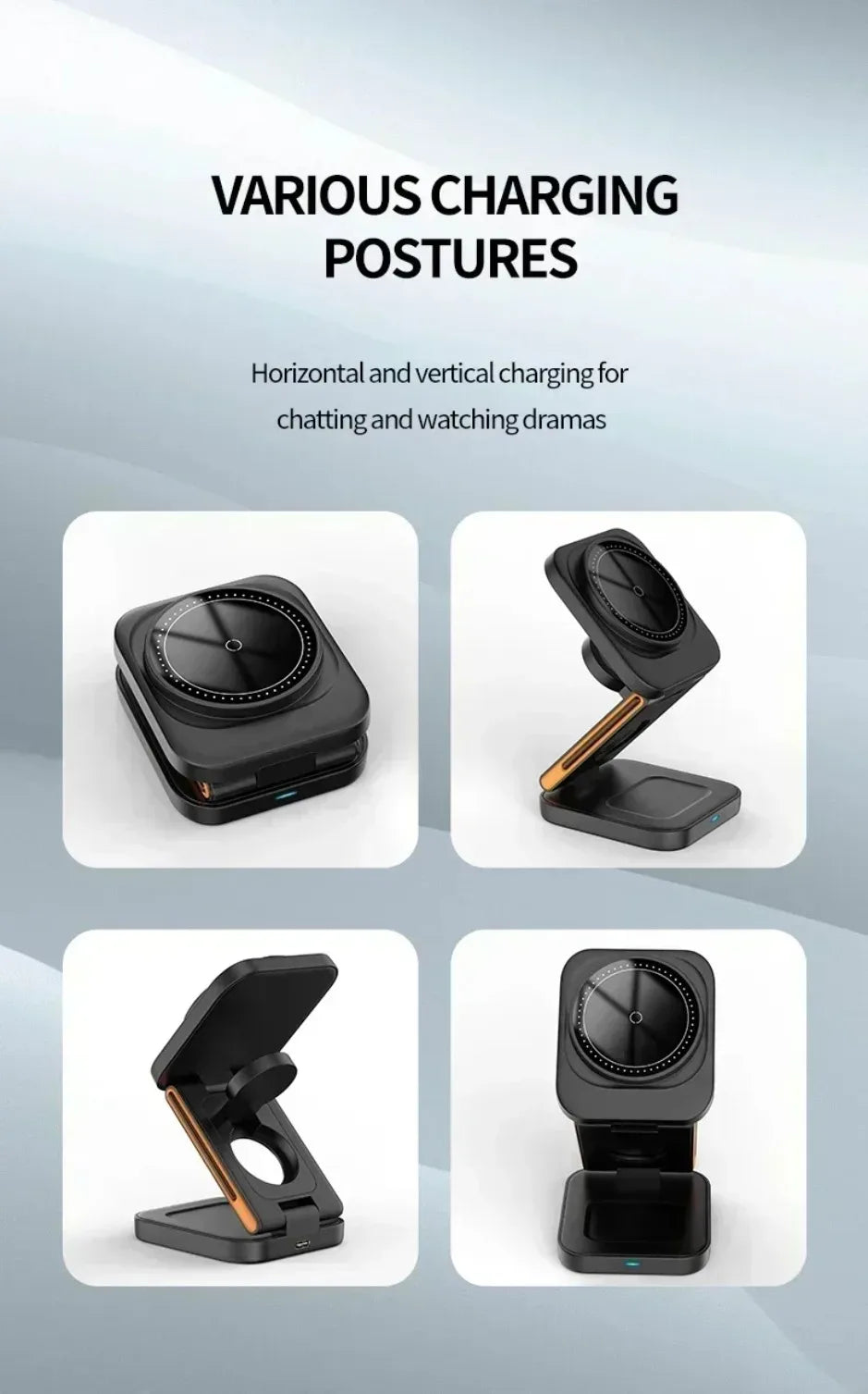 XIKCU 3 in 1 Foldable Charging Station Fast Magnetic Wireless Charger Stand for iPhone 16-12 Apple Watch 9 8 7 6 Airpods Pro