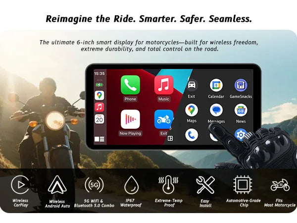 6-Inch Motorcycle Smart Display – Wireless CarPlay & Android Auto | Bluetooth Voice Control | IP67 Waterproof | HD Touchscreen |
