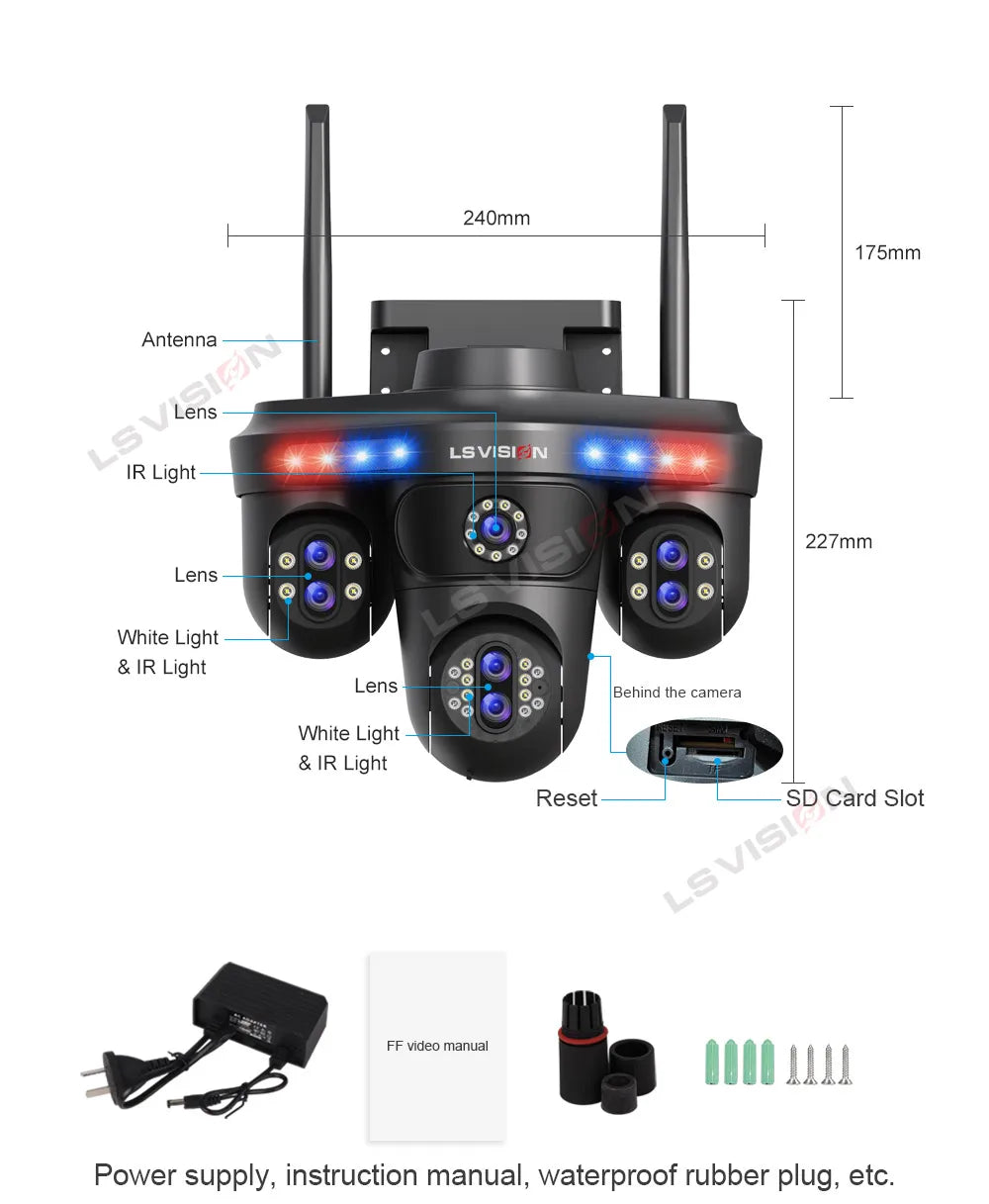 LS VISION 35MP 10X Zoom Four Screens WiFi IP Camera Wireless Outdoor Seven Lens Three PTZ Camera Auto Tracking Security Camera