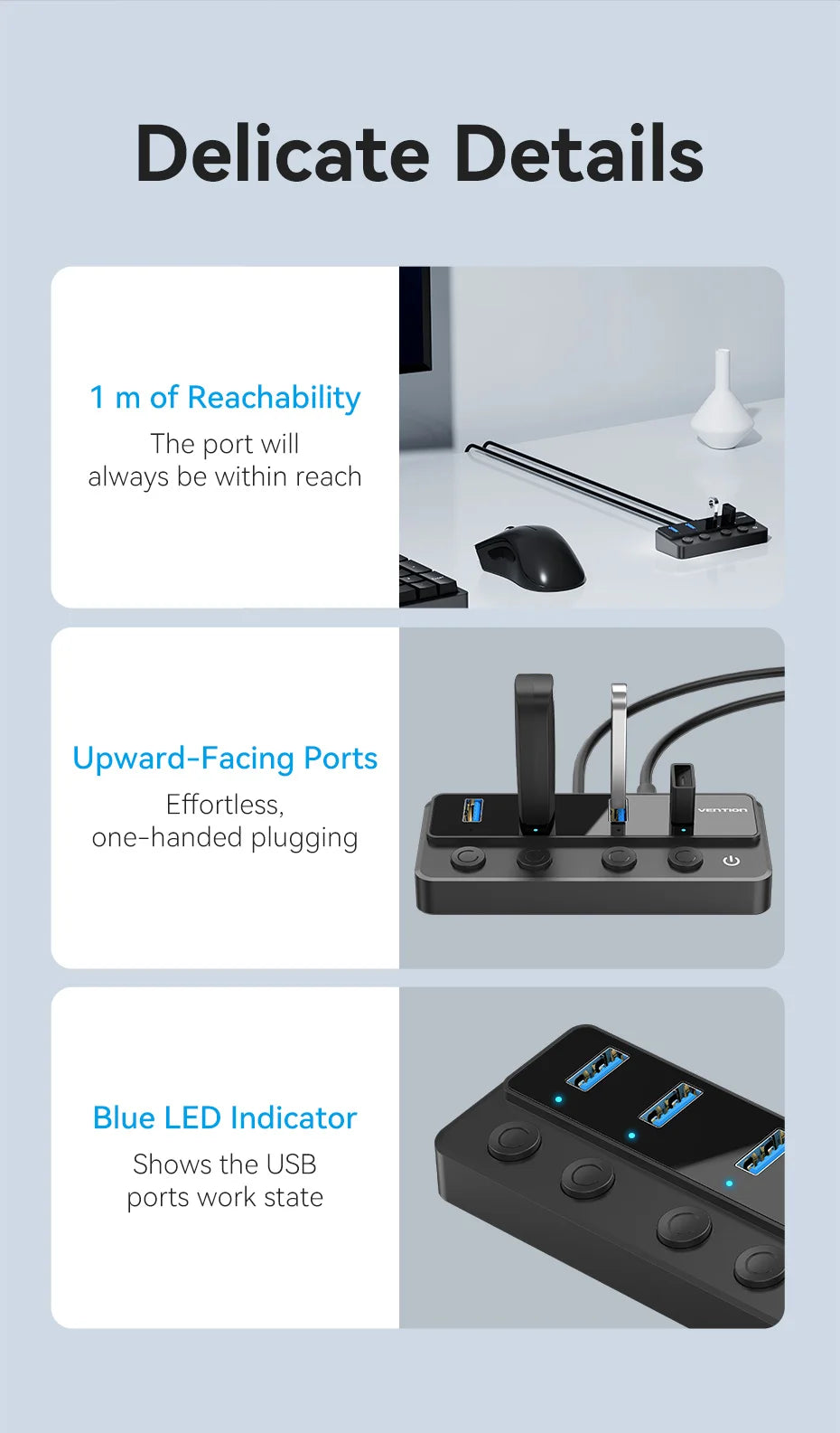 Vention USB A 3.0 HUB High Speed Multi 5Gbps OFF/ON Individual Switch LED Indicator Adapter for PC Laptop USB Ports Extender