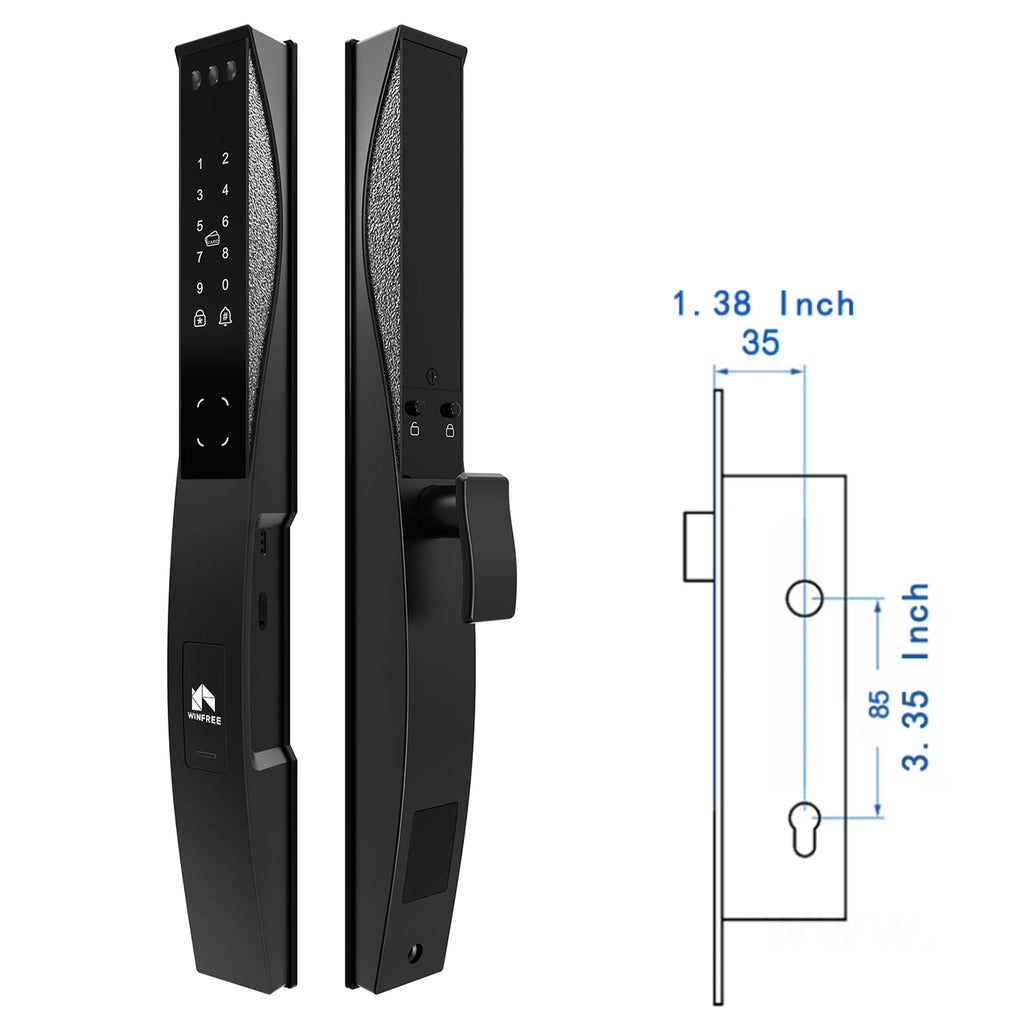 WINFREE 3D Face Recognition Smart Door Lock Slim Door Smart Lock Fingerprint Passcode Card Tuya APP Control Digital Lock Waterproof and Rechargeable Battery Intelligent Lock for Front Door and Gate