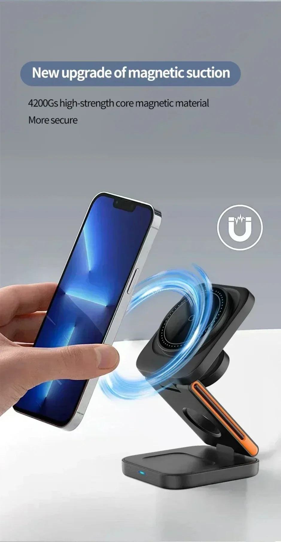 XIKCU 3 in 1 Foldable Charging Station Fast Magnetic Wireless Charger Stand for iPhone 16-12 Apple Watch 9 8 7 6 Airpods Pro