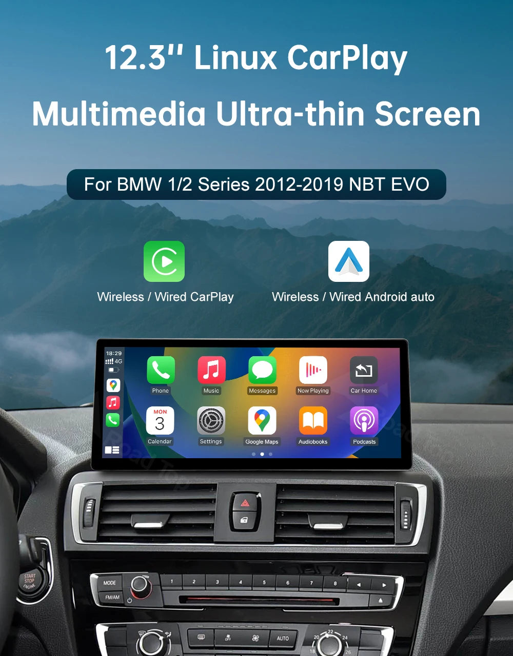 12.3 RoadTop Wireless CarPlay Android Auto Multimedia Linux Screen For BMW Series 1 2 F20 F21 F22 F23 F45 F46 NBT EVO 2012-2018