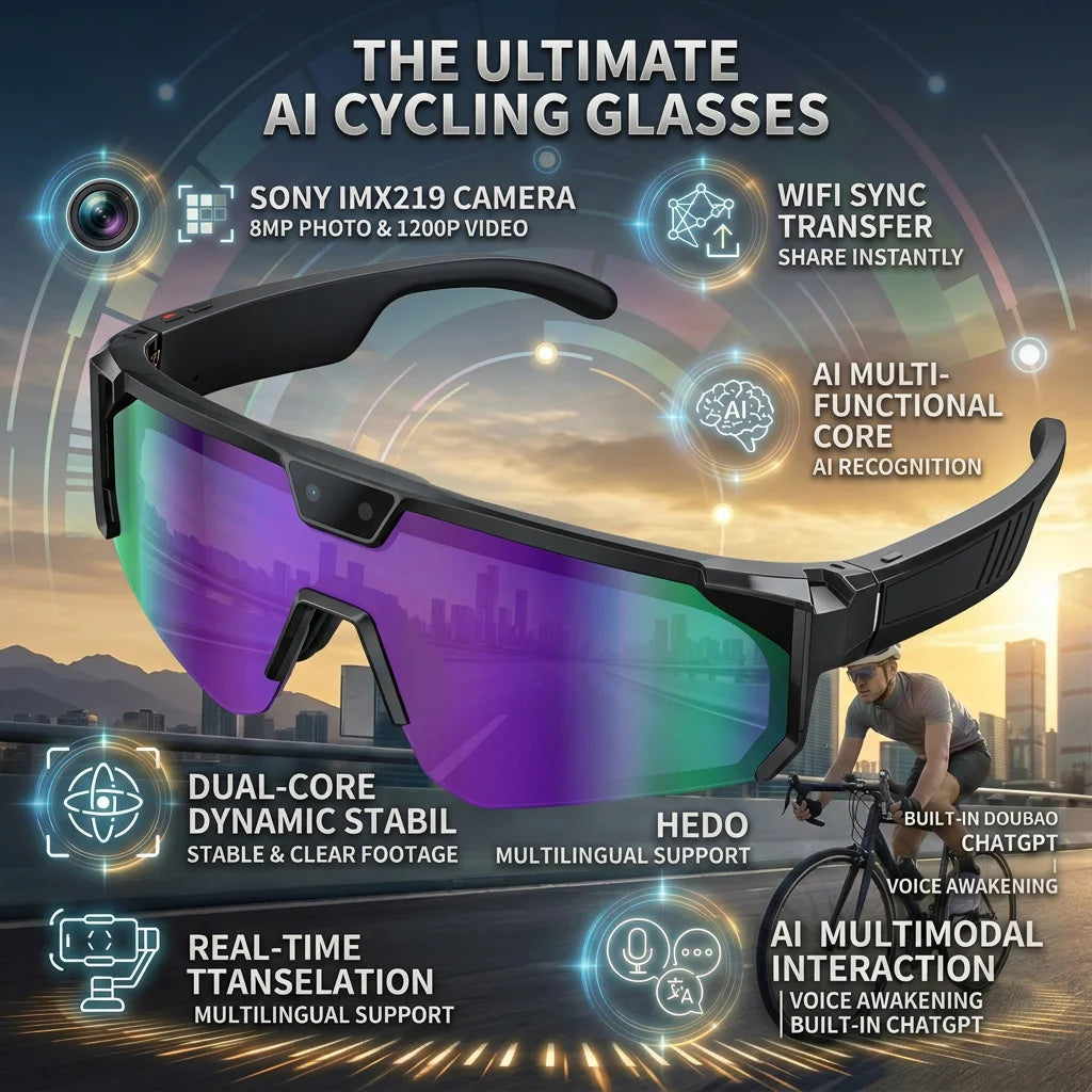 2026 New AI Sport Cycling Smart Glasses 80MP Camera 1200P HD Video Bluetooth 5.3WiFi Open Ear Riding Speaker Real-Time Translate