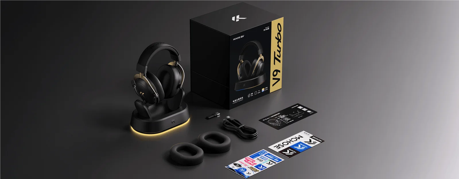 MCHOSE V9 Turbo + Wireless Gaming Headset 60mm 7.1 Surround Sound Professional Esports Headphones With RGB Charging Base