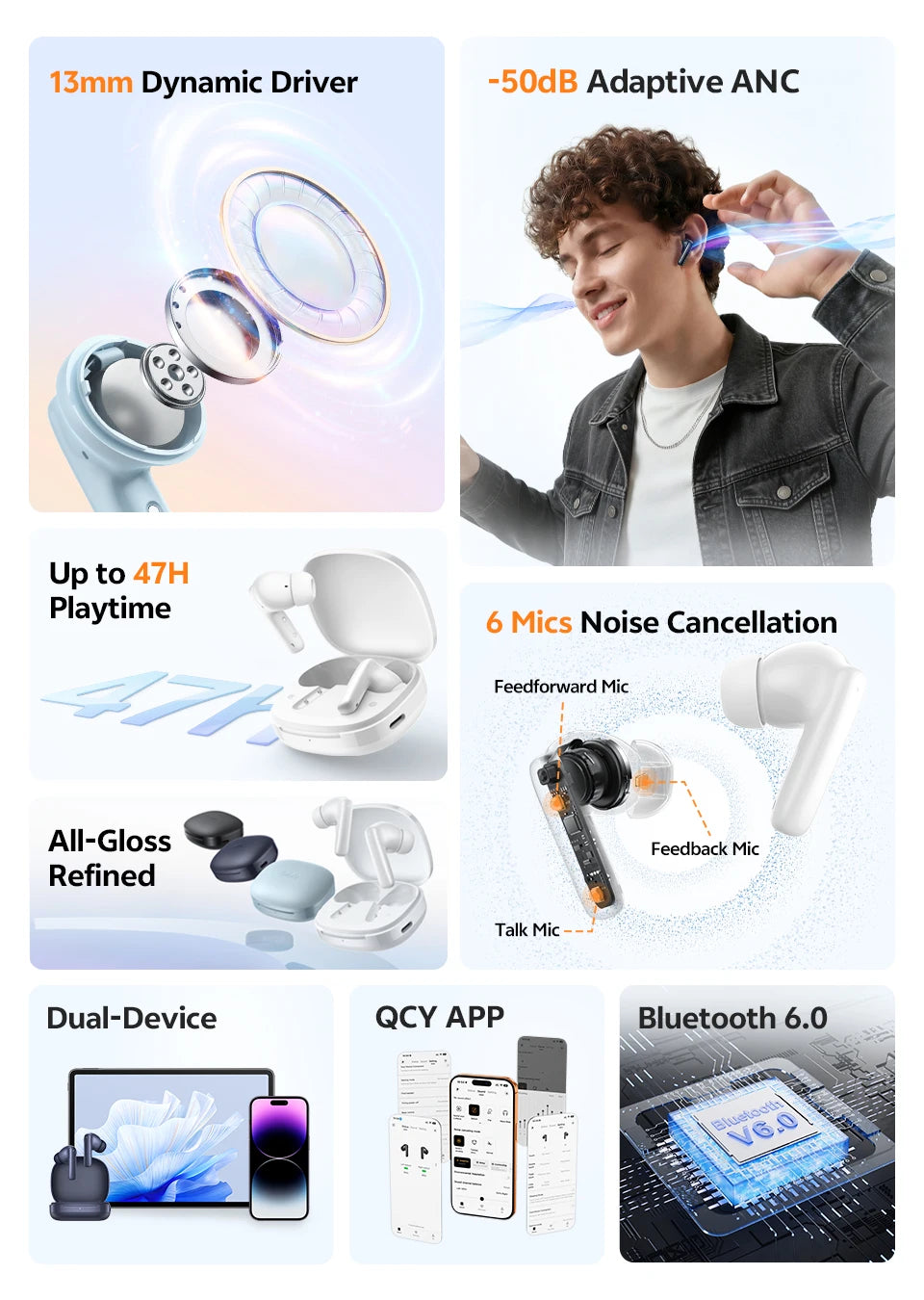QCY T13 Pro HT23 Adaptive ANC Wireless Earbuds 13mm Drivers Powerful Bass 50dB Hybrid ANC Bluetooth 6.0 Earphones 6 Mics ENC 47H