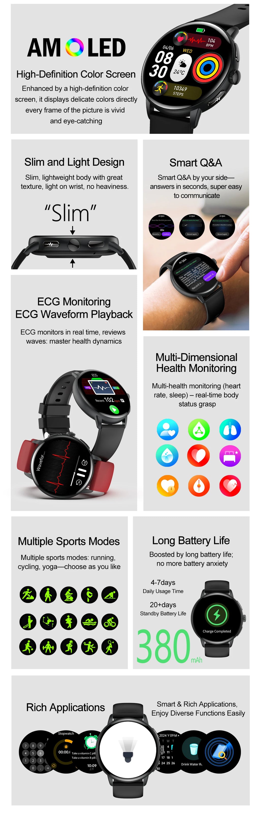2026 New AI Accurate Diagnosis Body Fat Uric Acid BP ECG SmartWatch HD AMOLED Screen call Sport Health Smart watch For Men women