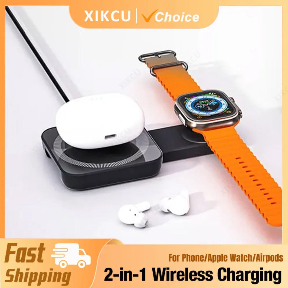 2 in 1 Foldable Magnetic Wireless Charger For Magsafe iPhone 16 15 14 13 12 Samsung Xiaomi Apple Watch 9-2 Airpods Fast Charging