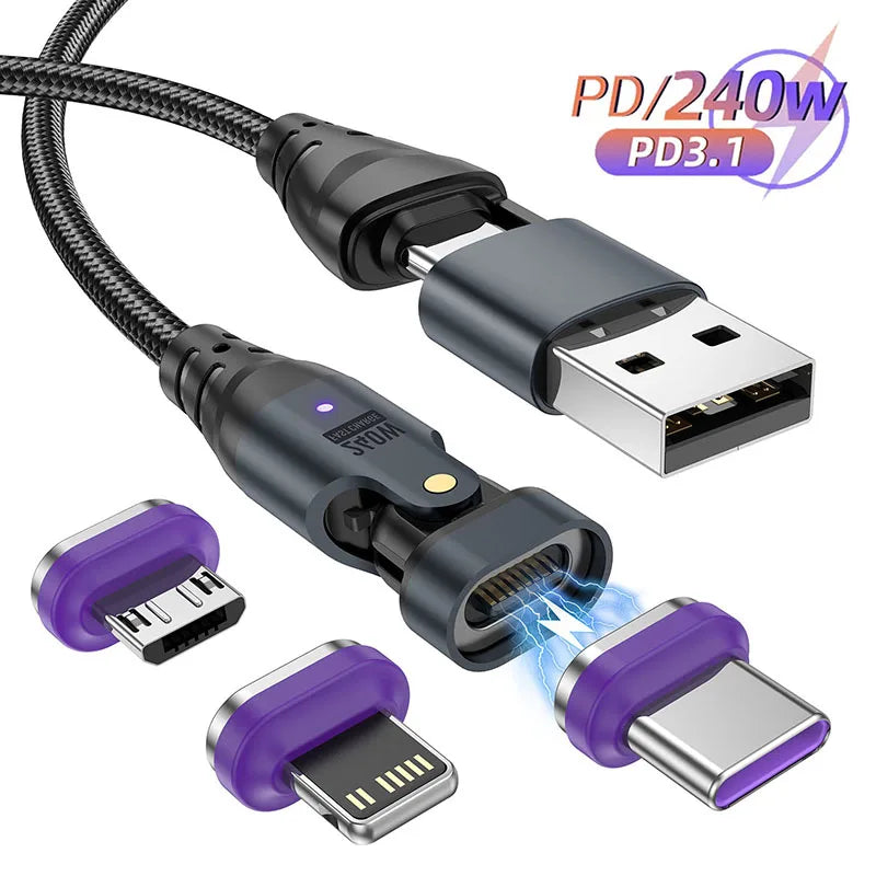 240W 6 in 1 PD3.1 Magnetic Cable Micro USB C to Type C Cable 6A Fast Charging for Macbook iPad iPhone 17 16 Samsung Xiaomi
