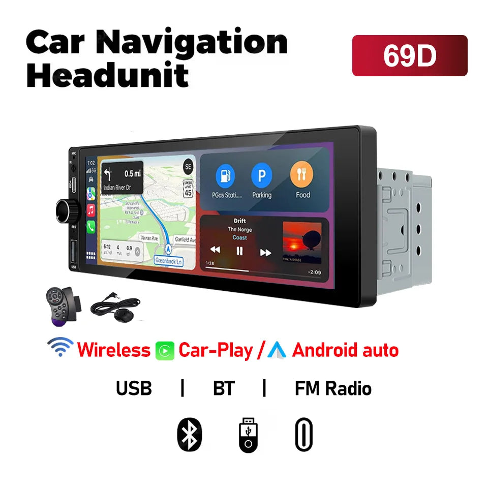 XIMA 6.9inch Car Radio Wireless CarPlay Android Auto MP5 Bluetooth FM USB IPS Touch Screen Multimedia Player Universal 1Din