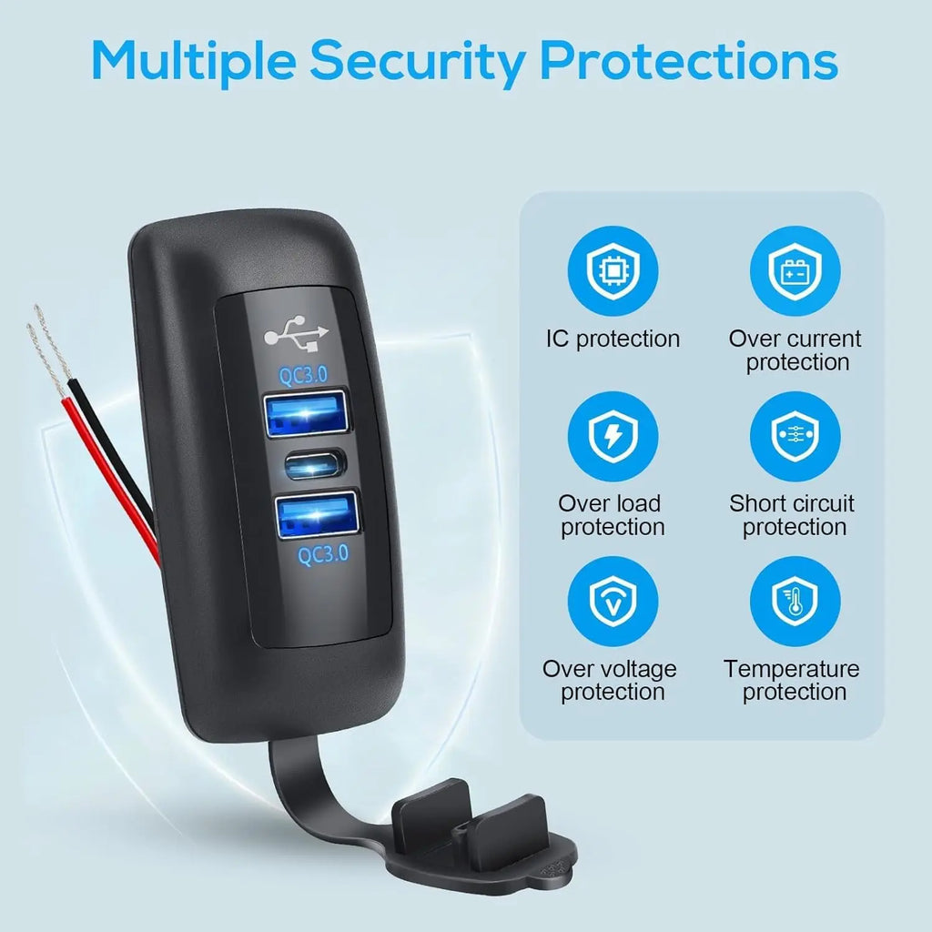 3-Ports Car Charger Socket Dual USB PD QC3.0 Port Quick Charge Adapter Waterproof for Truck Marine Motorcycle Car Accessories