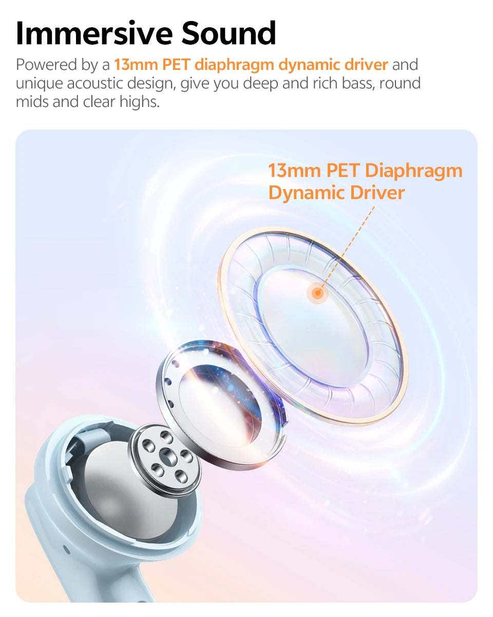 QCY T13 Pro HT23 Adaptive ANC Wireless Earbuds 13mm Drivers Powerful Bass 50dB Hybrid ANC Bluetooth 6.0 Earphones 6 Mics ENC 47H