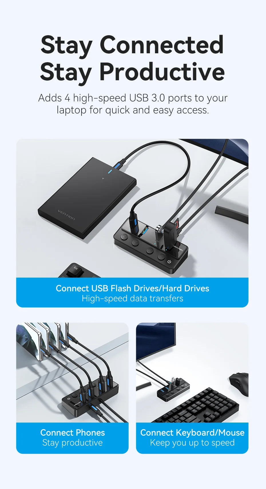 Vention USB A 3.0 HUB High Speed Multi 5Gbps OFF/ON Individual Switch LED Indicator Adapter for PC Laptop USB Ports Extender