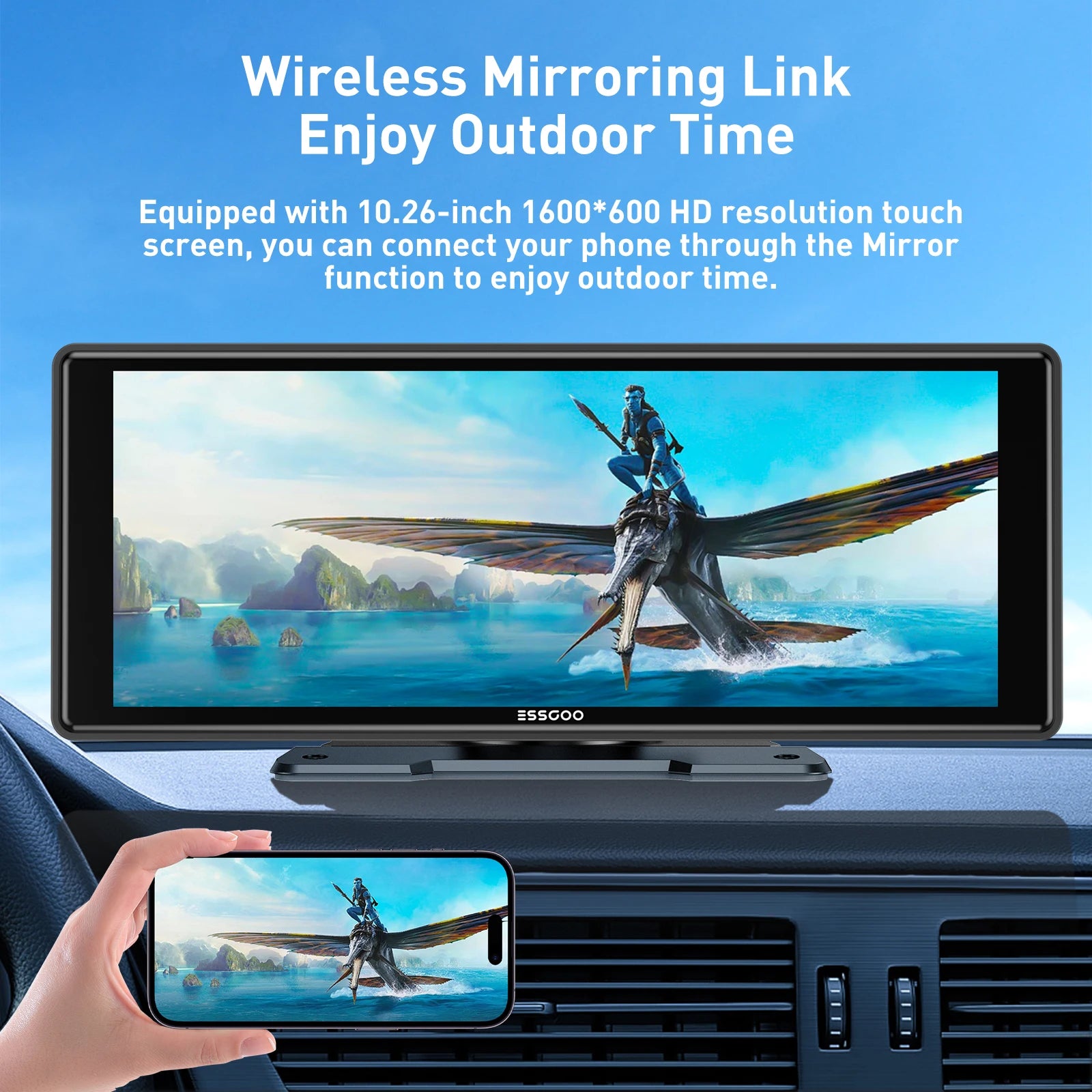 ESSGOO 10.26" portable universal car stereo Radio HD Tour screen GPS Navi WIFI Apple carplay Android auto BT MIrror link AUX FM