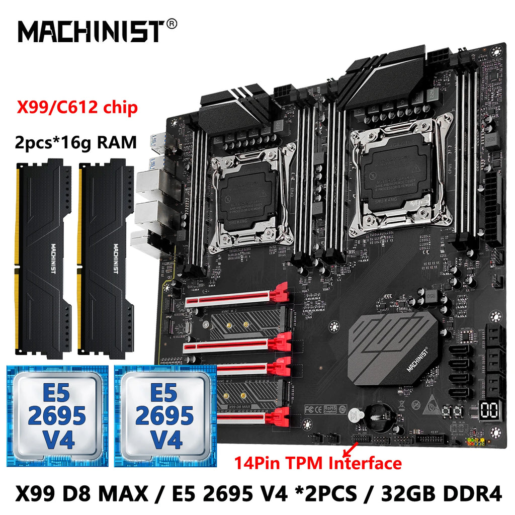 MACHINIST X99 D8 MAX Dual CPU Motherboard Combo Optional Xeon E5 2695 V4 LGA 2011-3 CPU *2 and DDR4 32GB(4*8gb) RAM  TPM2.0