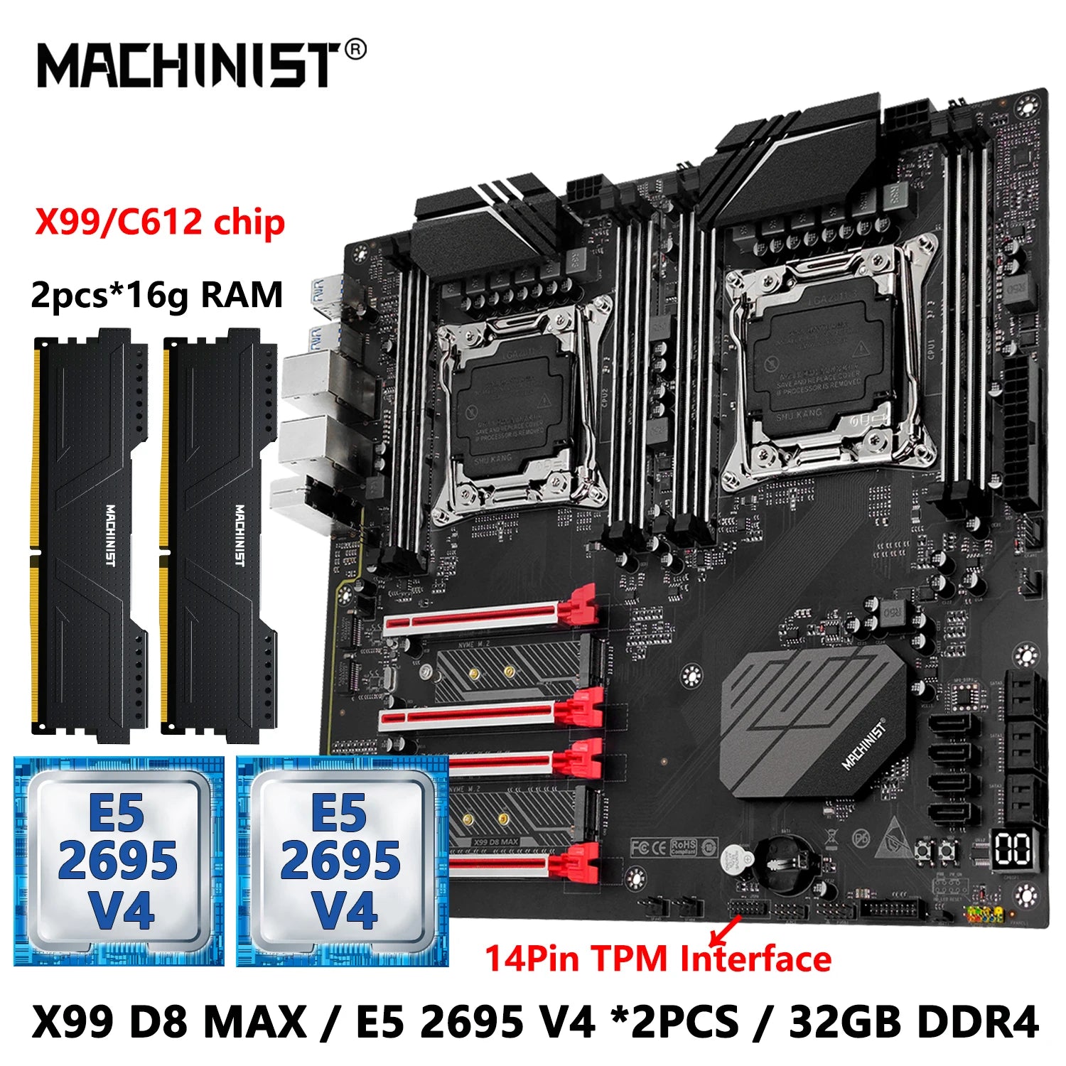 MACHINIST X99 D8 MAX Dual CPU Motherboard Combo Optional Xeon E5 2695 V4 LGA 2011-3 CPU *2 and DDR4 32GB(4*8gb) RAM  TPM2.0